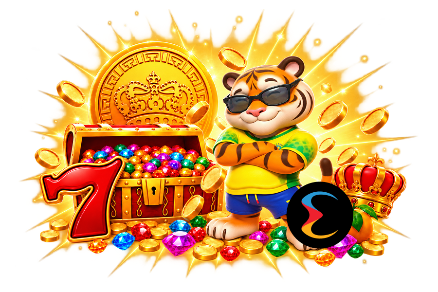 Tijger naast gouden schatkist en casino symbolen