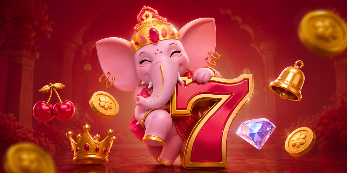 Luckytrunk olifant met kroon, rode zeven en gouden munten